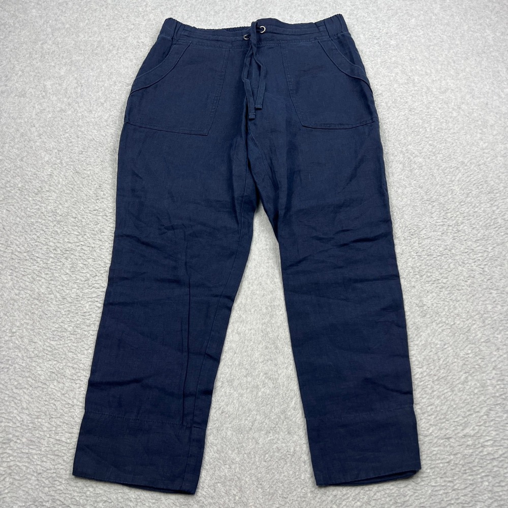 Athleta Cabo 100% Linen Pants Womens 6 Blue Pull On Stretch Ankle Tapered 591449